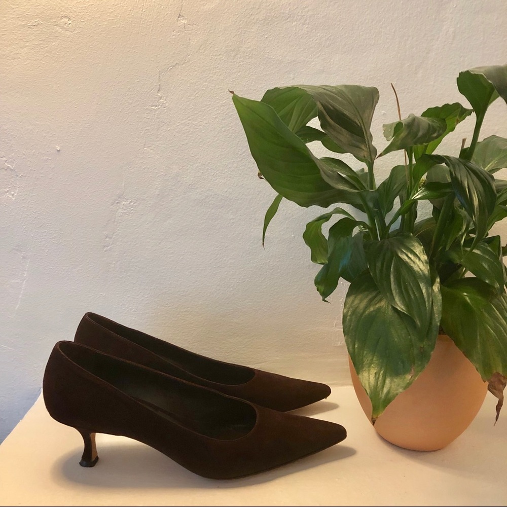 Manila Blahnik Chocolate Brown Suede kitten heel